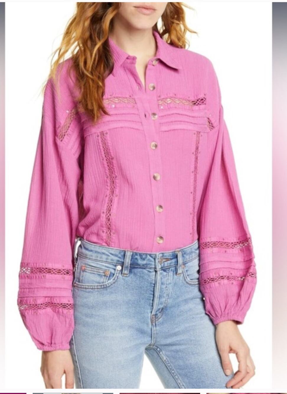 Free People Summer Stars Poets Top Electra Pink Lace Inset Trim L